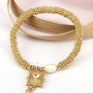 Vintage Style Cross Bracelet with Heart Shaped Zircon, 18K Gold Plated Copper.